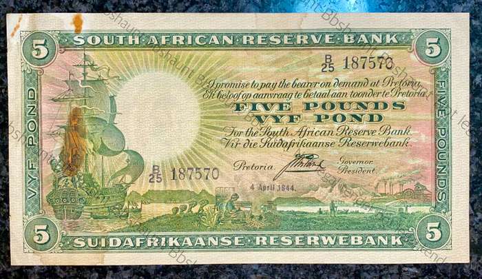 J.POSTMUS 5 POUND 1944 APRIL 4TH  ENG/AFR -- B25-187570 FIRST ISSUE VAN RIEBEECK WTM