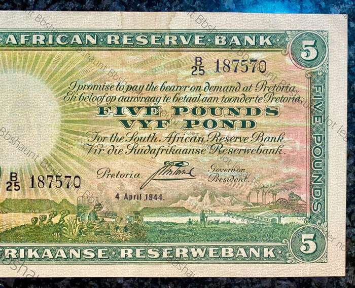 J.POSTMUS 5 POUND 1944 APRIL 4TH  ENG/AFR -- B25-187570 FIRST ISSUE VAN RIEBEECK WTM