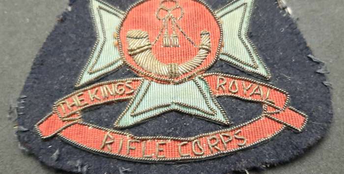 **WW2 British: King's Royal Rifle Corps Embroidered Bullion Blazer Badge (11cm x 10cm).**