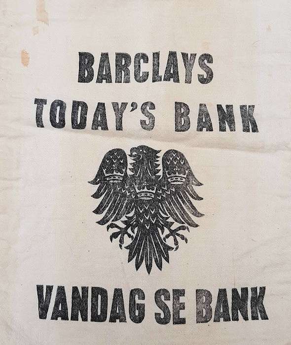 1960s South African Barclay's Bank Cotton Money Bag w/ Drawstring (35x24cm).