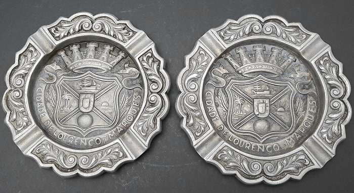 RARE: 1950s Portuguese Colonial 'Lourenco Marques' Pewter Ashtray Pair (17cm x 17cm).