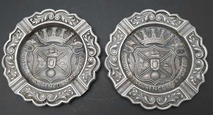 RARE: 1950s Portuguese Colonial 'Lourenco Marques' Pewter Ashtray Pair (17cm x 17cm).