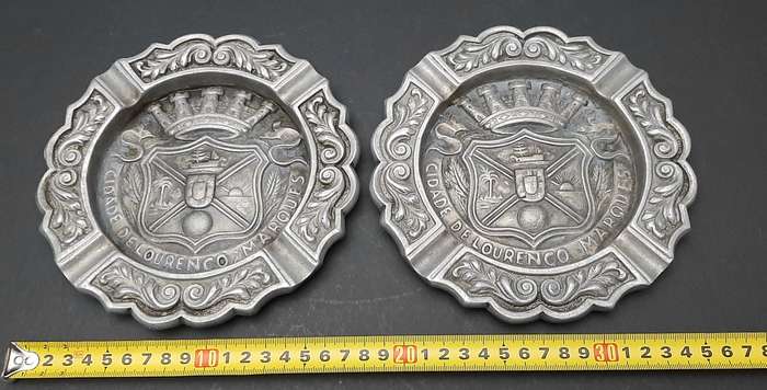 RARE: 1950s Portuguese Colonial 'Lourenco Marques' Pewter Ashtray Pair (17cm x 17cm).