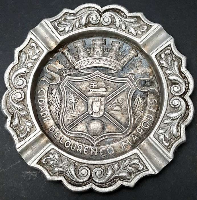 RARE: 1950s Portuguese Colonial 'Lourenco Marques' Pewter Ashtray Pair (17cm x 17cm).