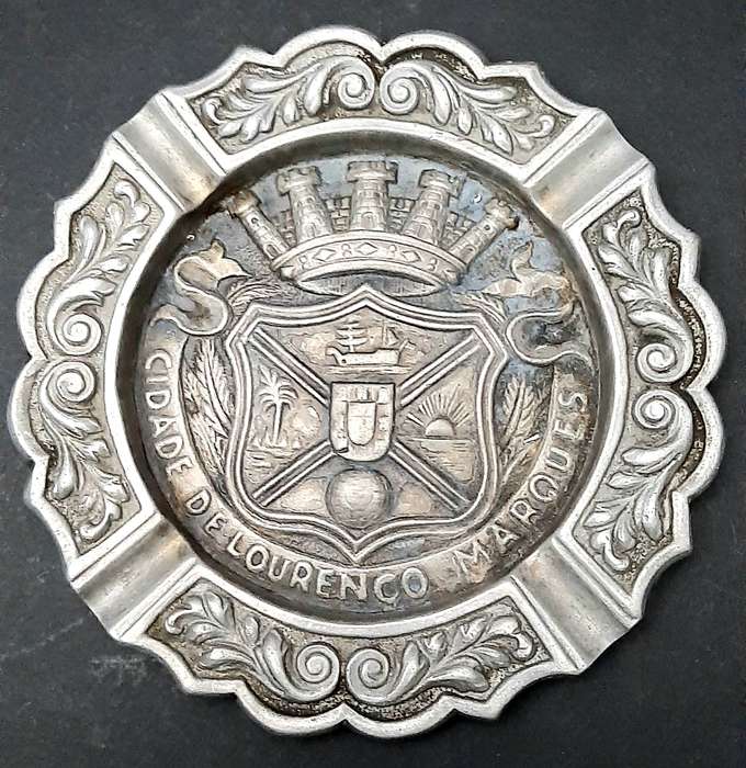 RARE: 1950s Portuguese Colonial 'Lourenco Marques' Pewter Ashtray Pair (17cm x 17cm).