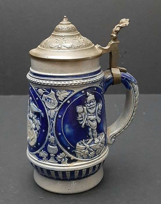RARE: WW1 German Imperial 'Cobalt Blue' Salt Glazed Bier Stein w/ Pewter Cap (300ml).