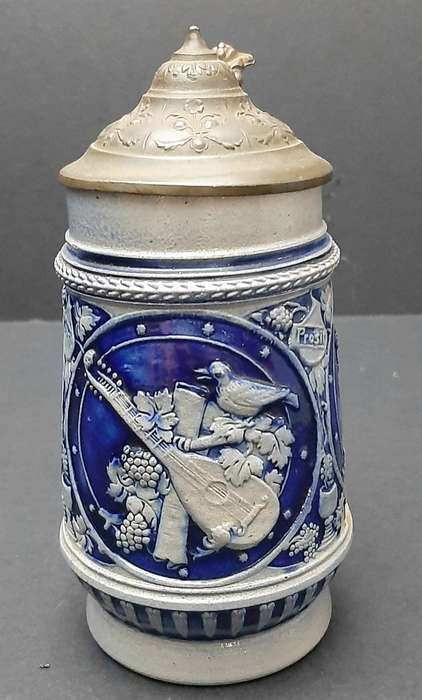 RARE: WW1 German Imperial 'Cobalt Blue' Salt Glazed Bier Stein w/ Pewter Cap (300ml).