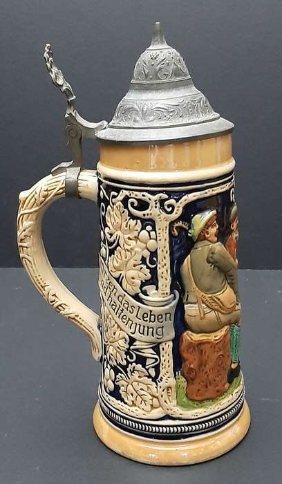 Rare 1930s German Export Glazed Ceramic Bier Stein with Pewter Cap 500 ml
