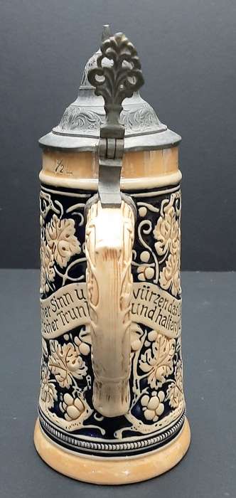 Rare 1930s German Export Glazed Ceramic Bier Stein with Pewter Cap 500 ml