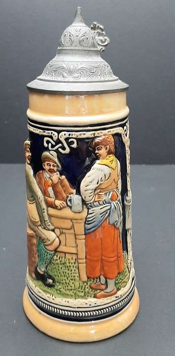 Rare 1930s German Export Glazed Ceramic Bier Stein with Pewter Cap 500 ml