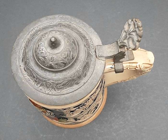 Rare 1930s German Export Glazed Ceramic Bier Stein with Pewter Cap 500 ml