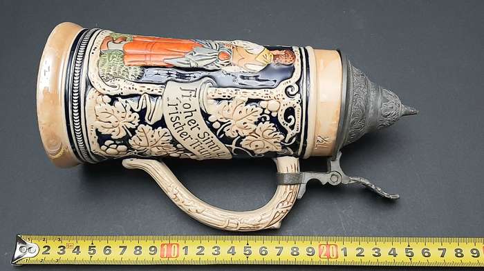 Rare 1930s German Export Glazed Ceramic Bier Stein with Pewter Cap 500 ml