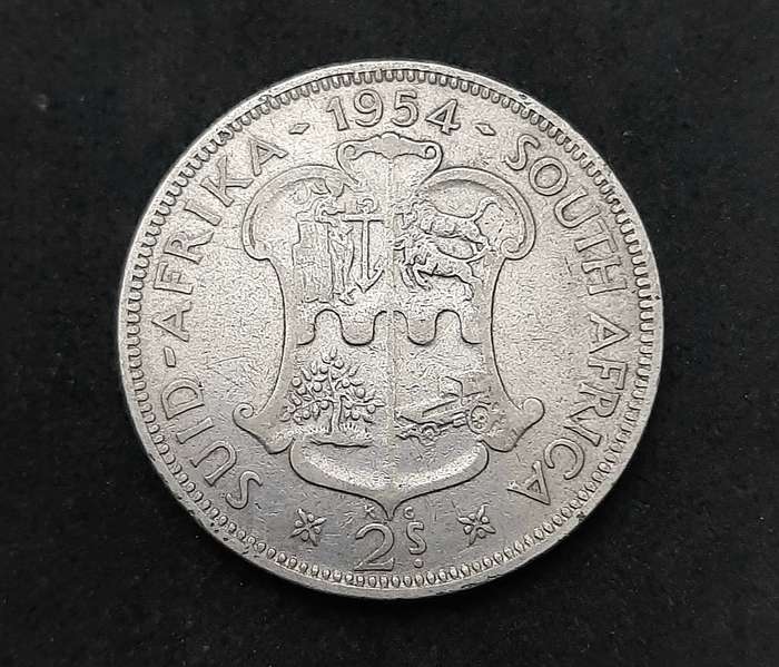 1954 South Africa: QEII .500 Silver 2 Shilling Coin (F/F+).