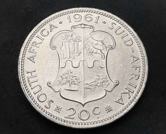 1961 South Africa: .500 Silver 20c Coin (XF+).