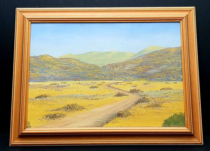 RARE: Early 1990s Robert Curwen Signed 'Country Road ' Oil on Board Painting(49cm× 37cm)