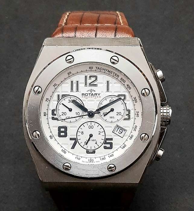 STUNNING: Rotary Gent's 'Aquaspeed' Swiss Tachymeter Chronograph Watch w/ Leather Strap (UNTESTED).