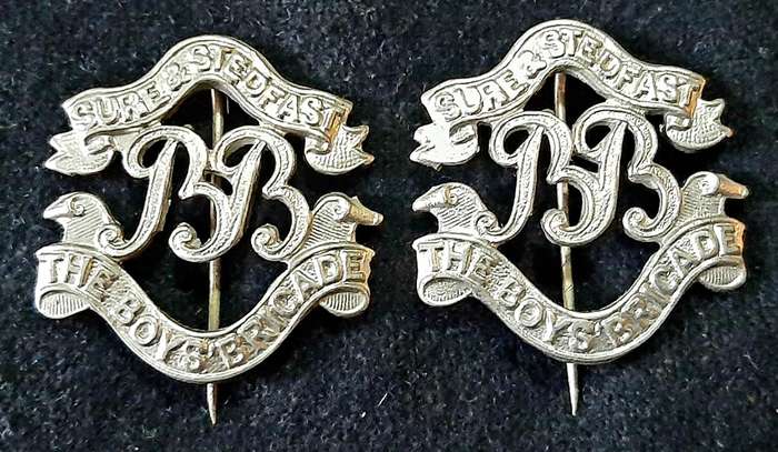 Mid-20th Century: 'Boys Brigade' Youth Organization Warrant Officer's Collar Badges w/ Pins (x2)