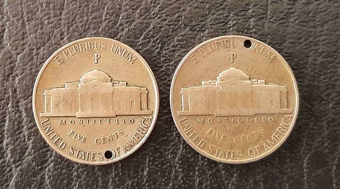 WW2: 1943-45 United States .350 Silver Jefferson Liberty 5 cent Coins (x2).