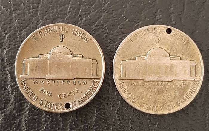 WW2: 1943-45 United States .350 Silver Jefferson Liberty 5 cent Coins (x2).