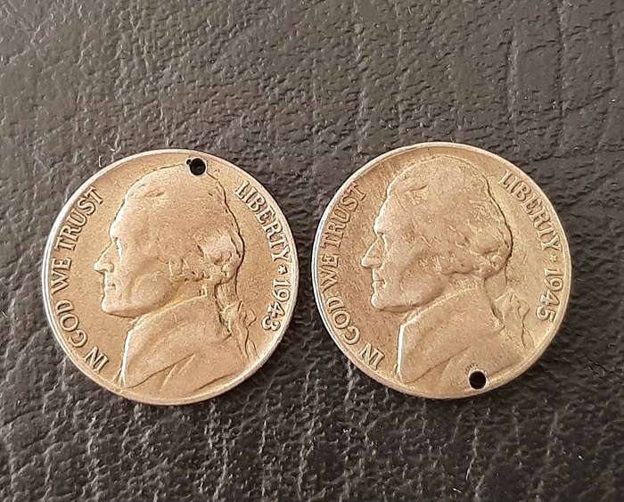 WW2: 1943-45 United States .350 Silver Jefferson Liberty 5 cent Coins (x2).