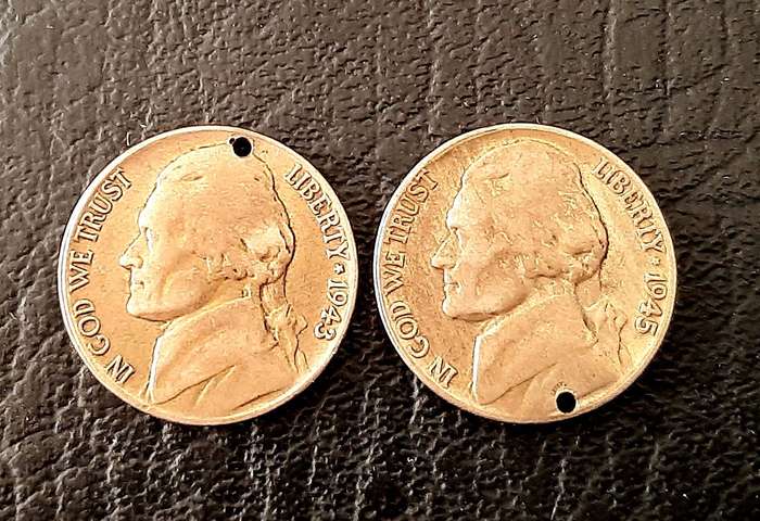WW2: 1943-45 United States .350 Silver Jefferson Liberty 5 cent Coins (x2).