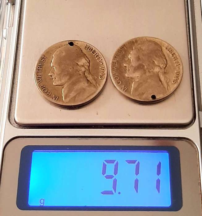 WW2: 1943-45 United States .350 Silver Jefferson Liberty 5 cent Coins (x2).