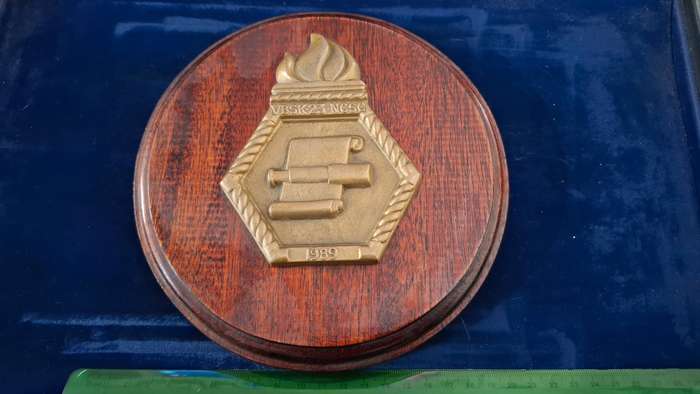 Interesting Vintage Brass Plaque on Wooden Board - 20cm -dim