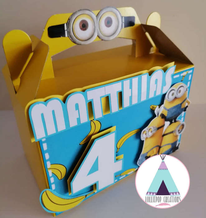 Minion Themed and Personalised Party Favour Boxes (10 Boxes) PLUS 10 FREE CUPCAKE TOPPERS
