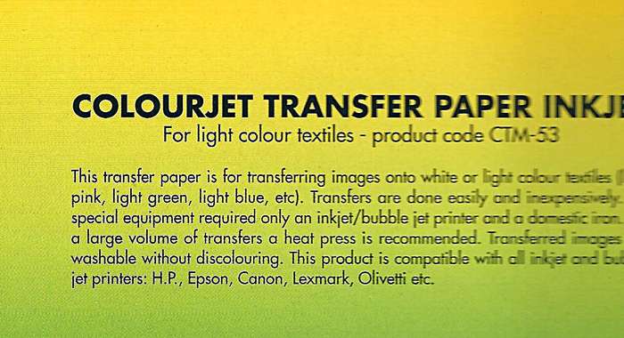 IRON ON TRANSFER PAPER INKJET FOR WHITE & LIGHT COLOURED TEXTILES