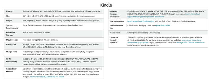 Amazon Kindle 2024 Bundle (Black 6" Kindle Gen 11 + CAWA Clear Back Cover) -NO ADS-