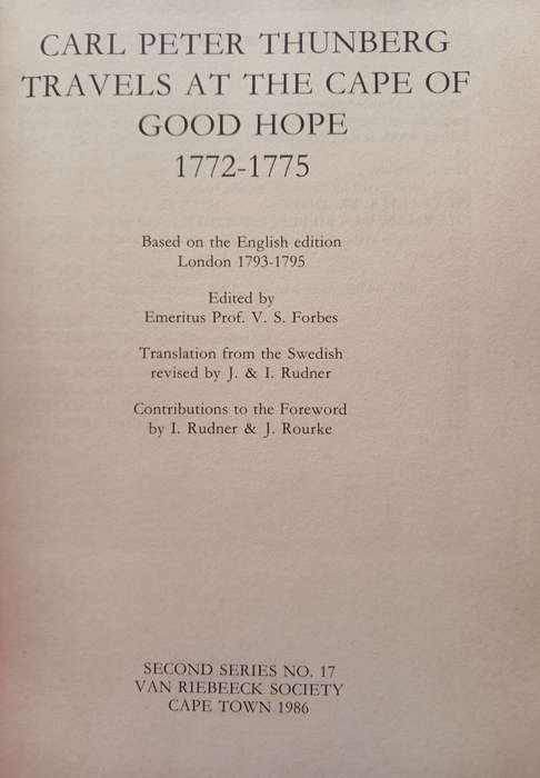 Carl Peter Thunberg Travels at the Cape of Good Hope 1772-1775