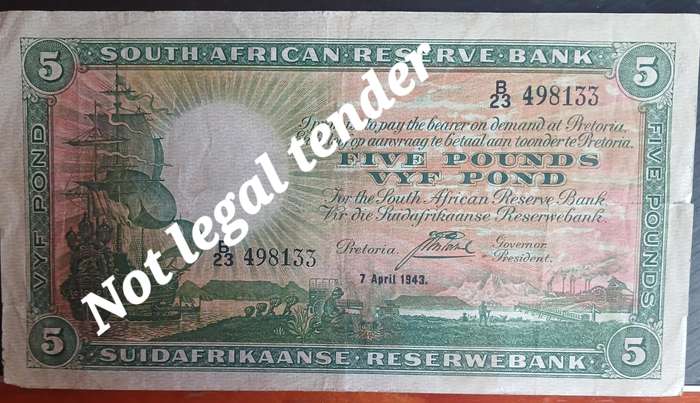 SOUTH AFRICAN 5 POUND B/23 498133 J POSTMUS