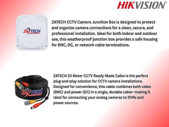 Hikvision 4-Channel ColorVu CCTV Kit with Zatech 20m Cables and Junction Box