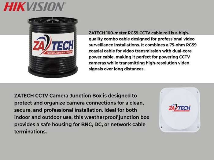 Hikvision 4-Ch ColorVu CCTV Kit with 1TB HDD, Zatech RG59 Cable Roll and JB