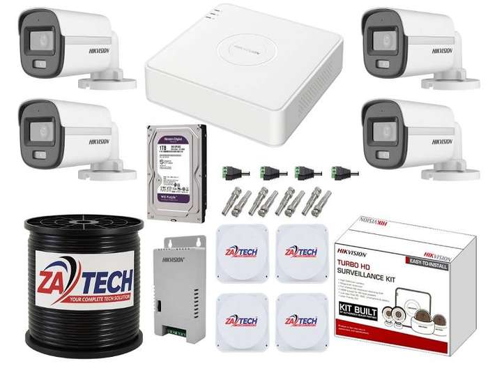 Hikvision 4-Ch ColorVu CCTV Kit with 1TB HDD, Zatech RG59 Cable Roll and JB