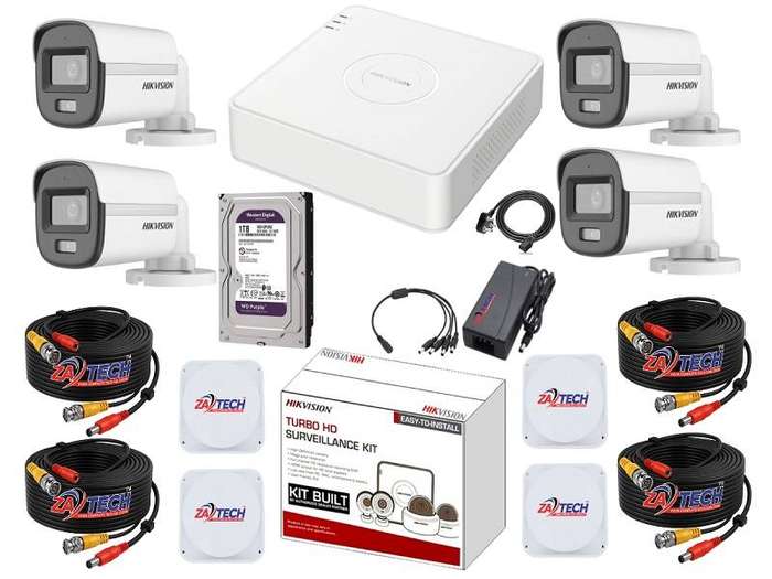 Hikvision 4-Channel ColorVu CCTV Kit with 1TB HDD, Zatech 20m Cables and JB