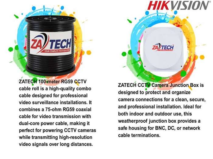 Hikvision 4-Channel ColorVu CCTV Kit with Zatech RG59 Cable, Junction Box