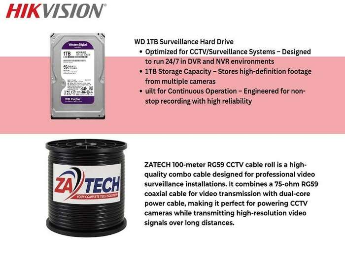Hikvision 4-Channel ColorVu CCTV Kit with 1TB HDD, ZATECH RG59 Cable Roll
