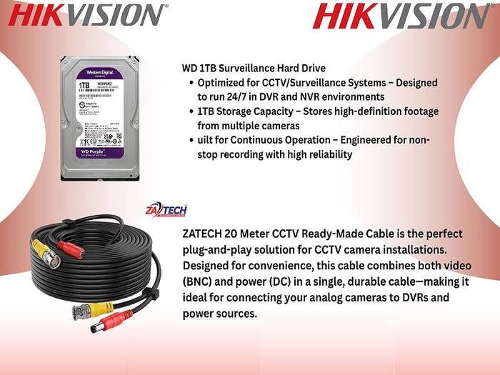 Hikvision 8CH 2MP CCTV Kit  1TB HDD with Zatech Ready Cables