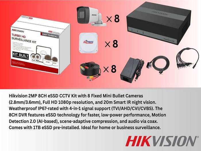 Hikvision 2MP 8CH eSSD (1TB) CCTV Full Kit With Zatech Junction Boxes