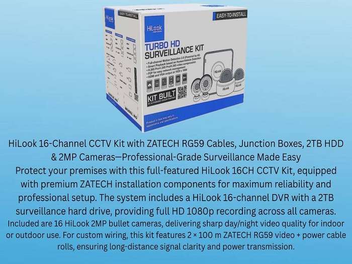HiLook 16CH CCTV Kit with ZATECH Cables, 2TB HDD and Accessories