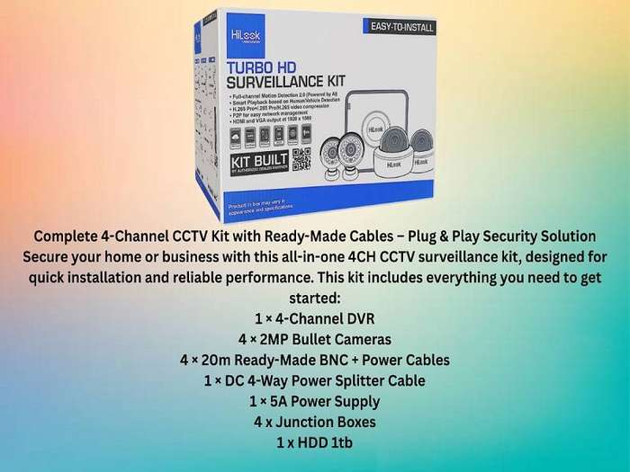 HiLook 4CH CCTV Kit with 2MP Cameras, 20m Cables, HDD & Junction Boxes