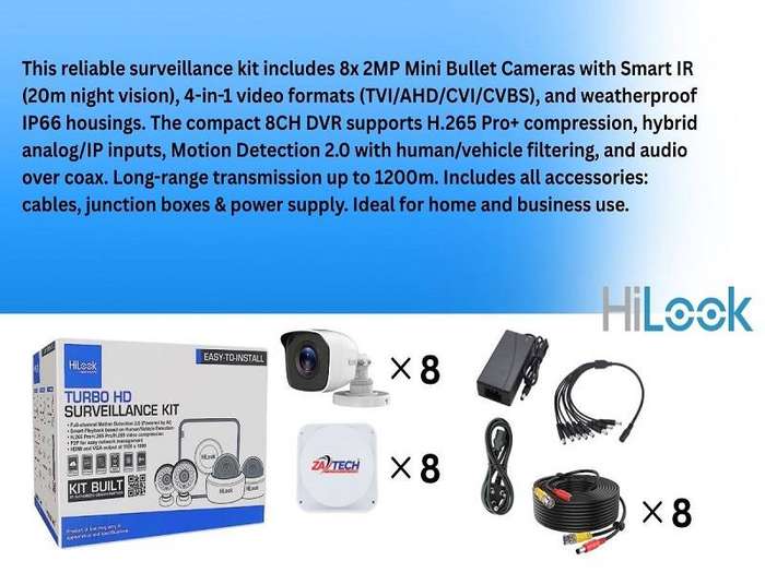 HiLook 8CH 2MP CCTV Kit with Ready Cables & Zatech Junction Boxes