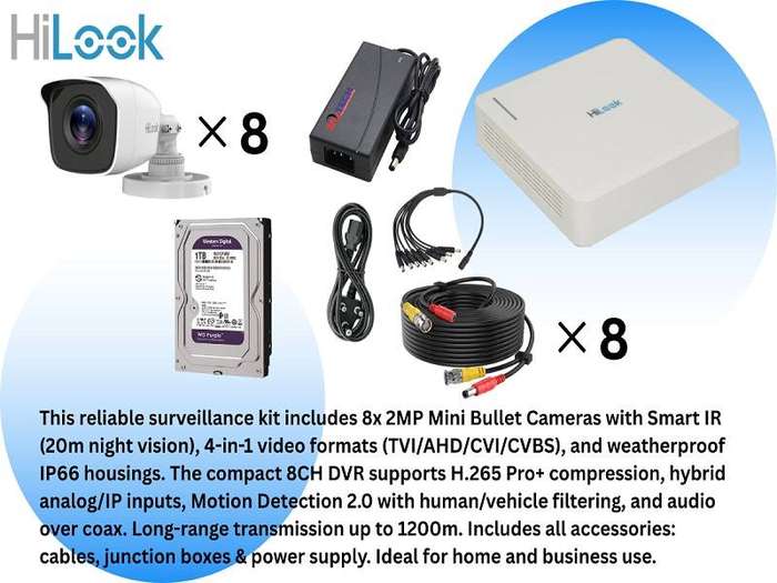 HiLook 8CH 2MP CCTV Kit  1TB HDD with Zatech Ready-made Cables