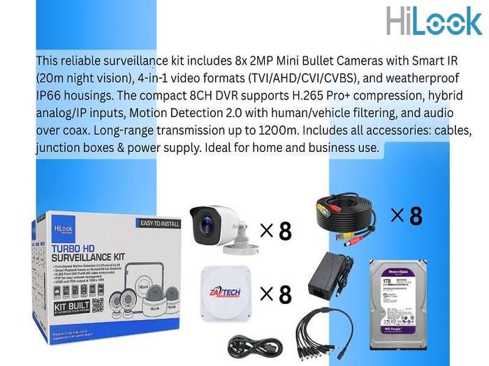 HiLook 8CH Full CCTV Kit With 1TB HDD, Zatech Ready Cables, Junction Box