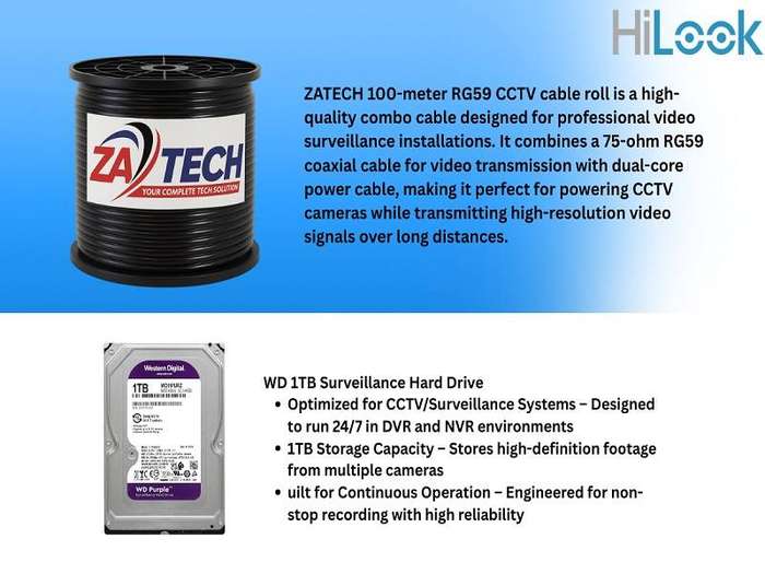 HiLook 8CH 2MP CCTV Kit with 1TB WD HDD, Zatech RG59 Cable roll