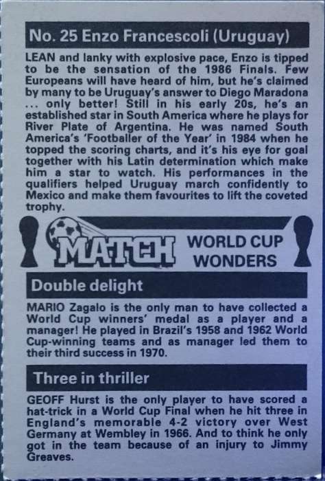 No. 25 Enzo Francescoli (Uruguay) Match World Cup Wonders Trading Card