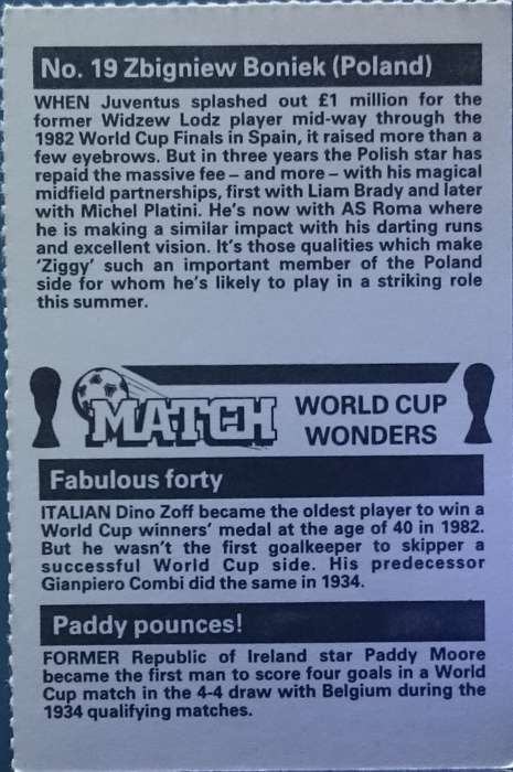 No. 19 Zbigniew Boniek (Poland) Match World Cup Wonders Trading Card