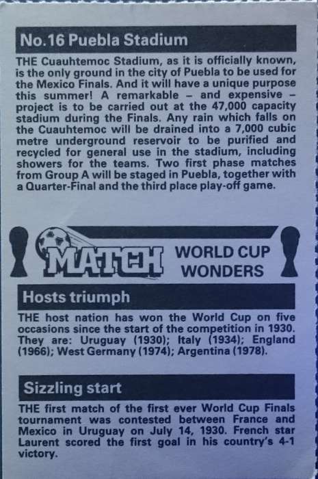 No. 16 Puebla Stadium (Mexico) Match World Cup Wonders Trading Card