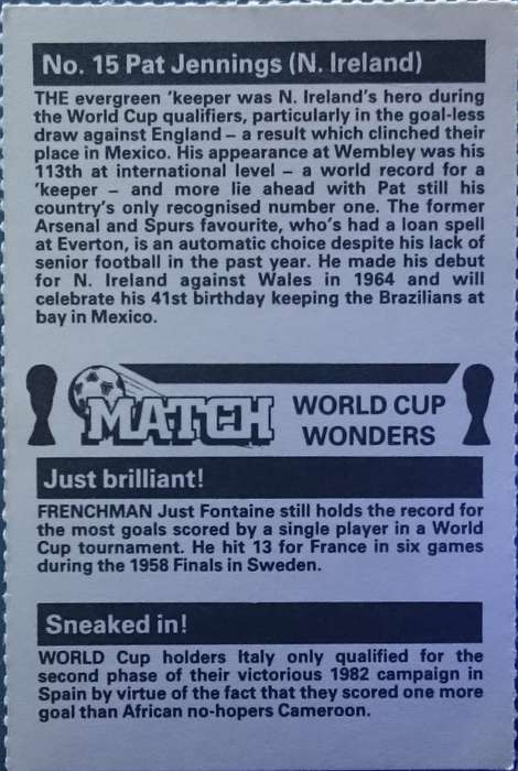 No. 15 Pat Jennings (Northern Ireland) Match World Cup Wonders Trading Card